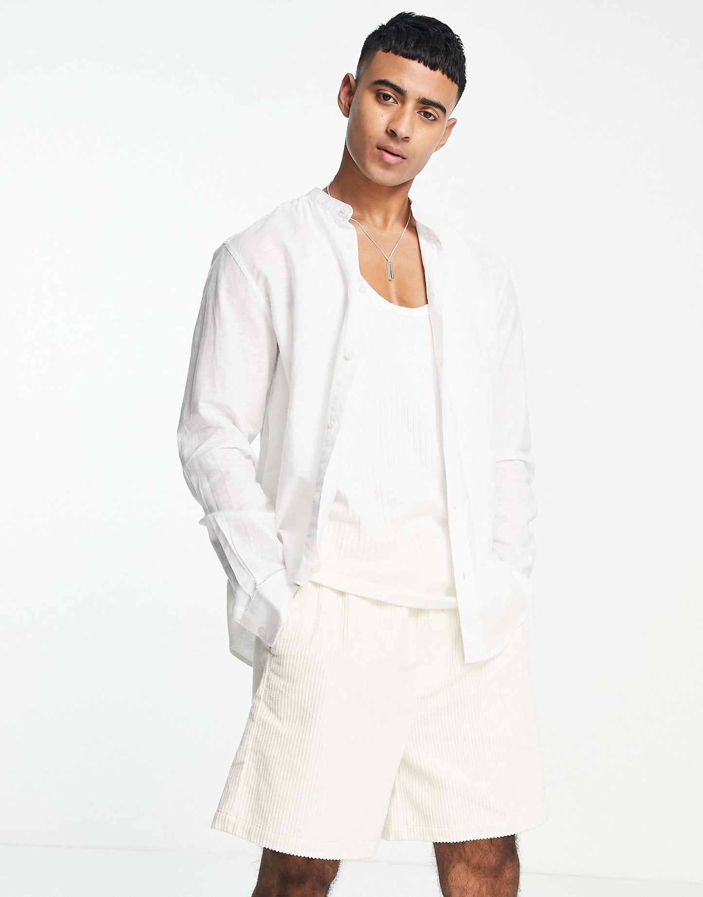 Linen Mix Grandad Collar Shirt