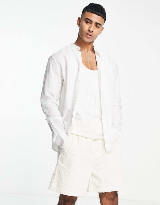 Linen Mix Grandad Collar Shirt