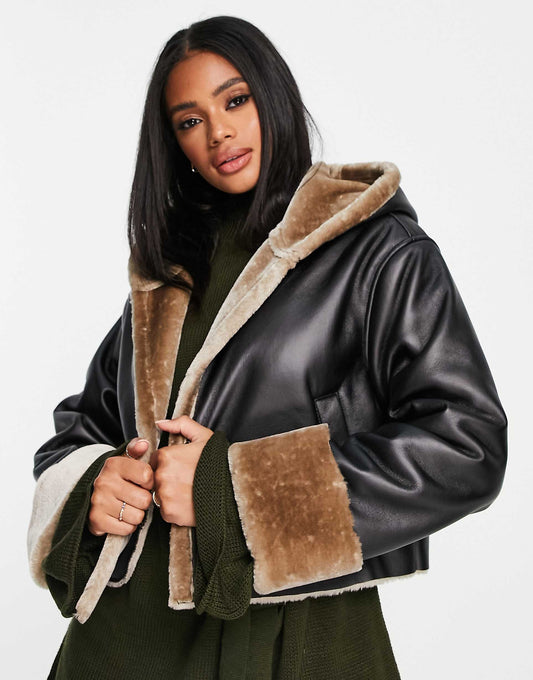 Hooded Cropped Borg Jacket