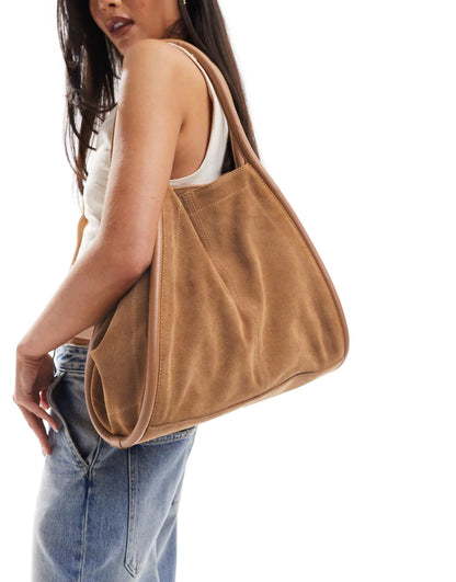 Suede Tote Bag With Tubular Piping