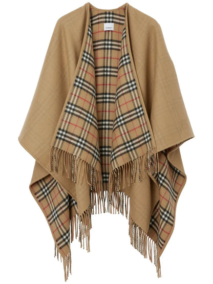 Check-Pattern Reversible Wool Cape