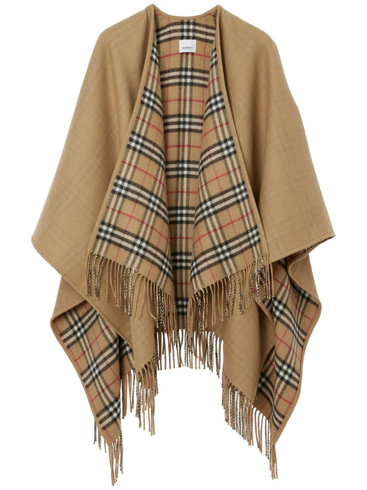 Check-Pattern Reversible Wool Cape