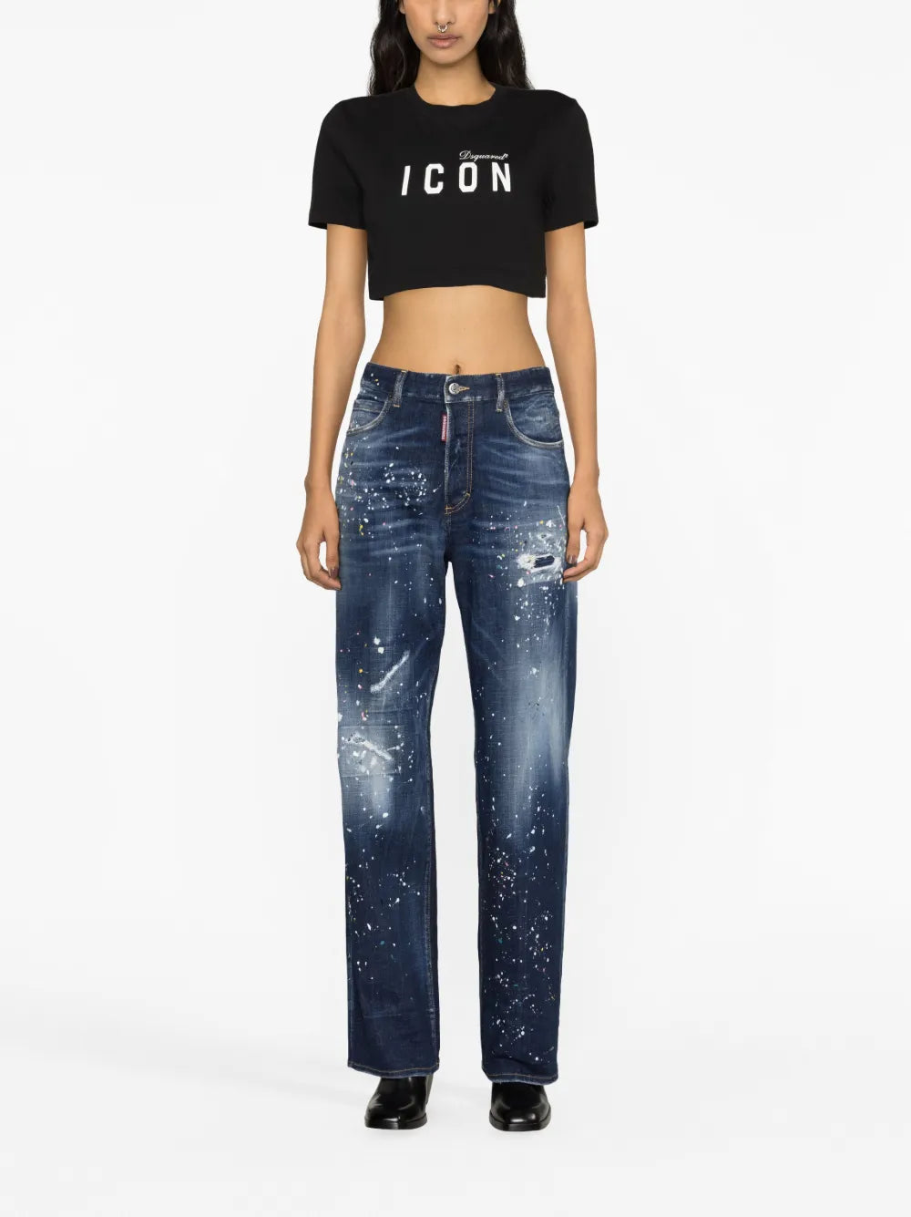 Paint Splatter-Detail Washed Denim Jeans