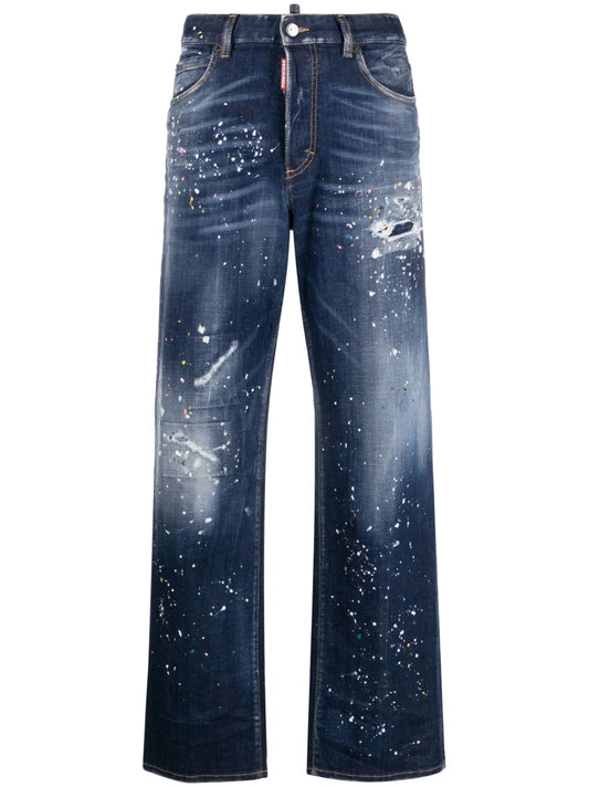 Paint Splatter-Detail Washed Denim Jeans