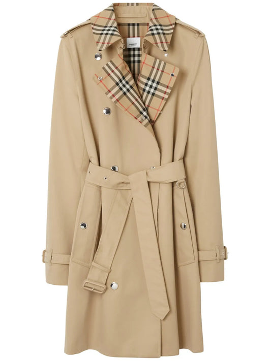 Vintage Check-Trim Short Trench Coat