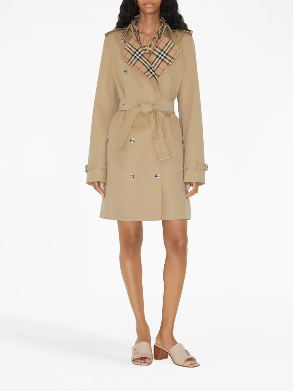 Vintage Check-Trim Short Trench Coat
