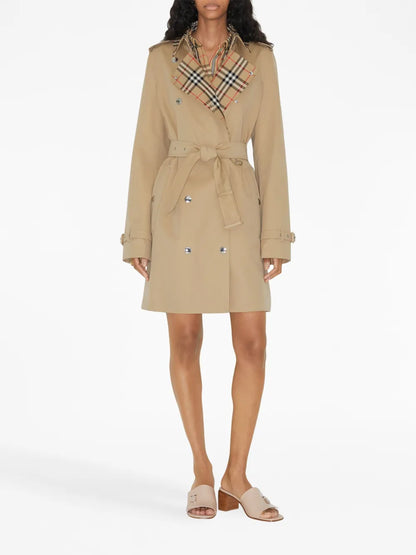Vintage Check-Trim Short Trench Coat