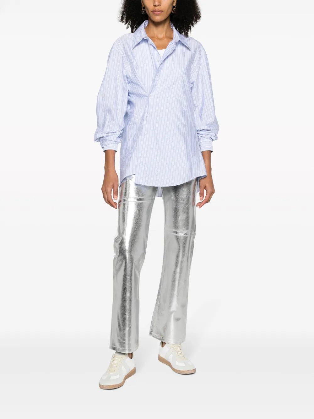 Foiled-Effect Tapered-Leg Jeans