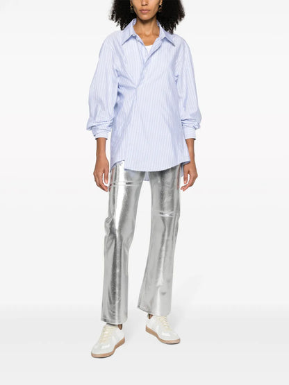 Foiled-Effect Tapered-Leg Jeans