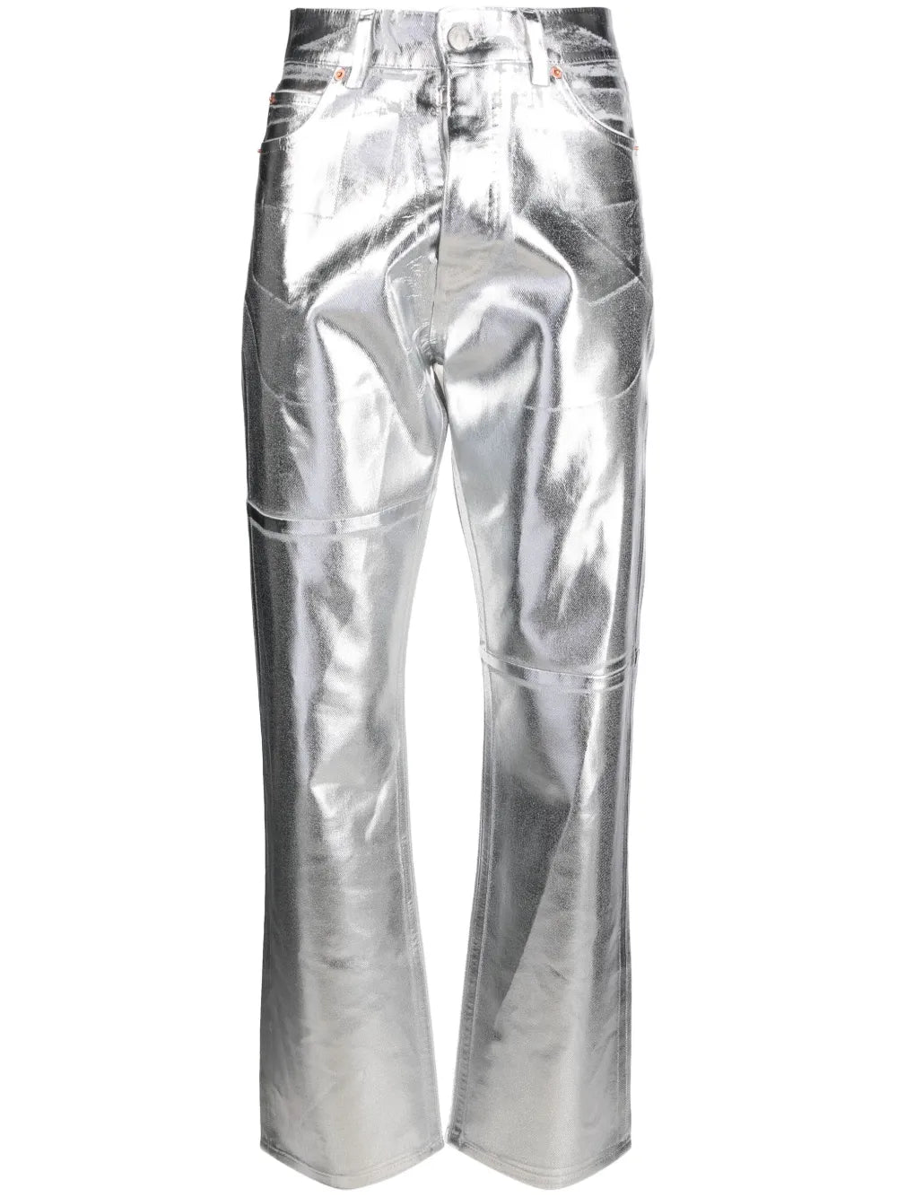 Foiled-Effect Tapered-Leg Jeans