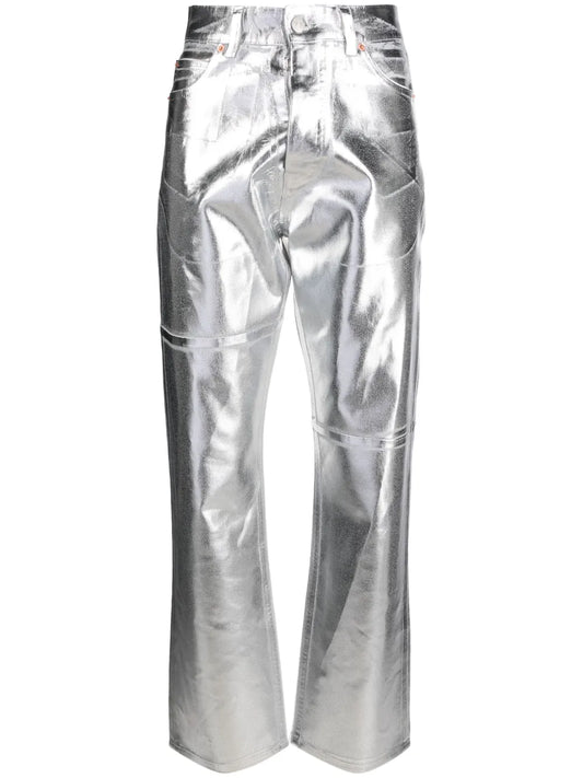 Foiled-Effect Tapered-Leg Jeans
