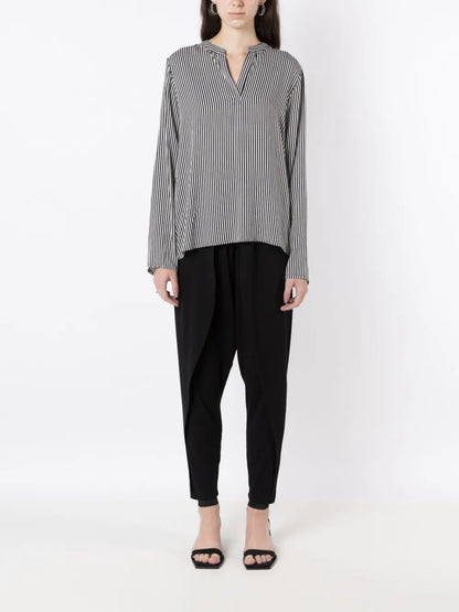 Vertical-Stripe Split-Neck Blouse
