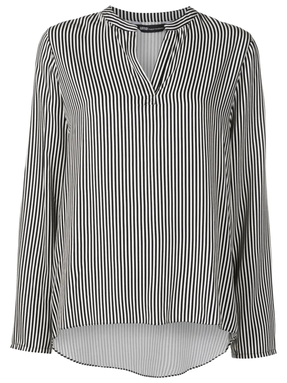 Vertical-Stripe Split-Neck Blouse