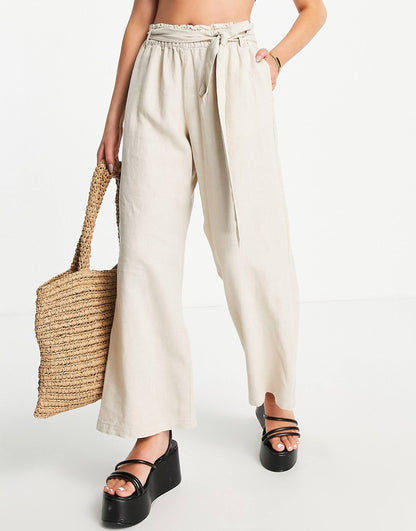 Wide Leg Belted Linen Trousers