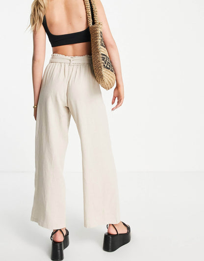 Wide Leg Belted Linen Trousers