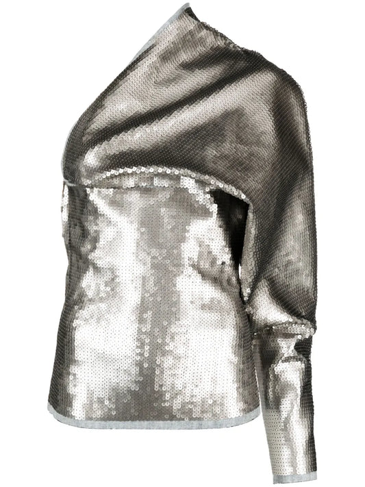 Luxor Single-Sleeve Draped Sequin Top