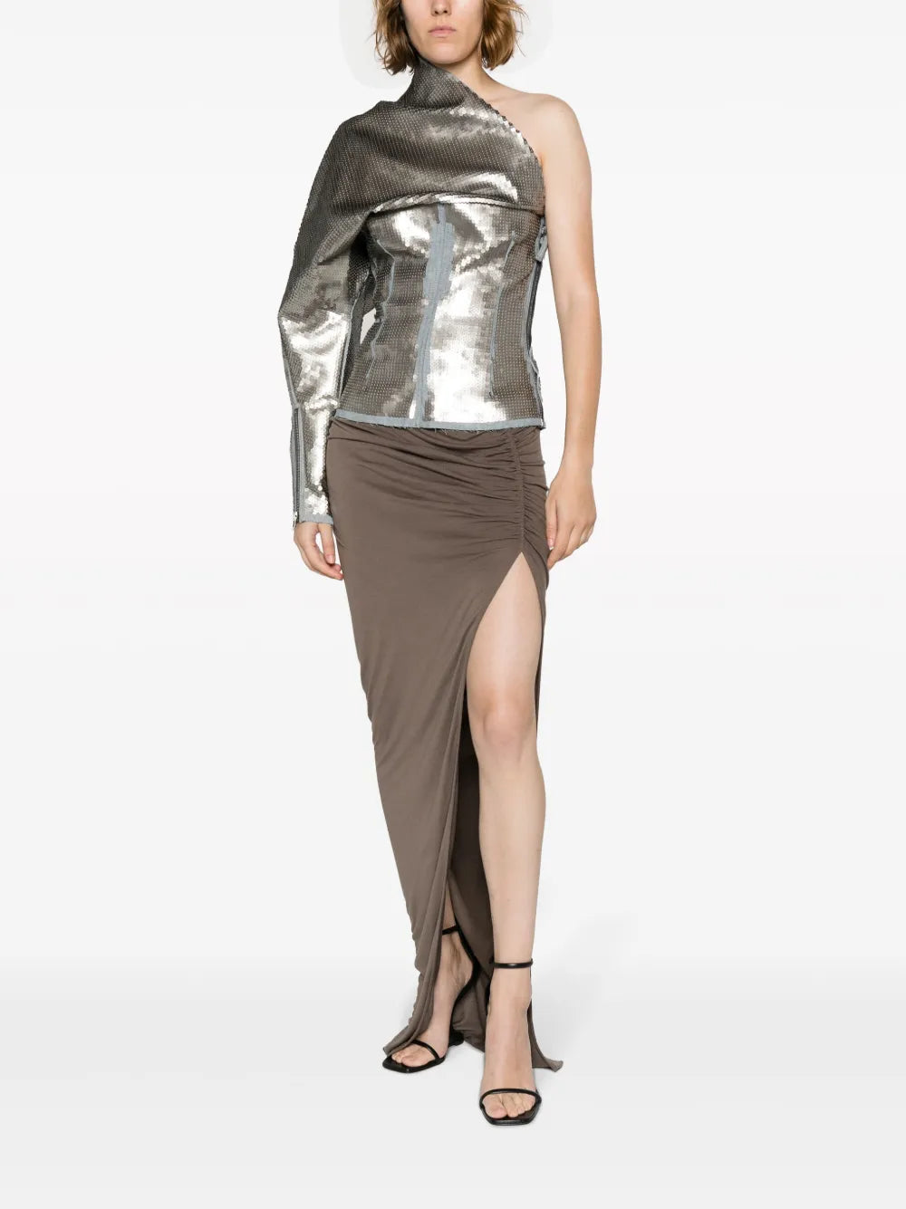 Luxor Single-Sleeve Draped Sequin Top