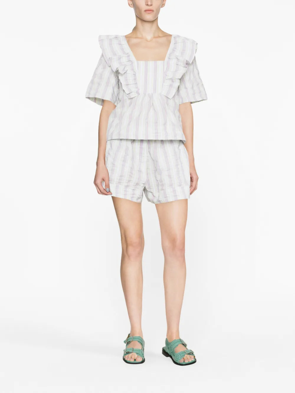 Striped Seersucker Ruffle Blouse