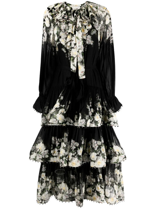 Coaster Floral-Print Tiered Midi Dress