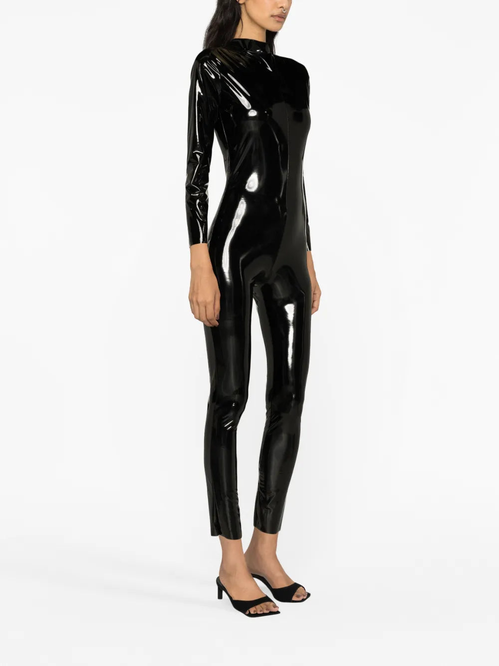 Patent-Effect Long-Sleeve Jumpsuit