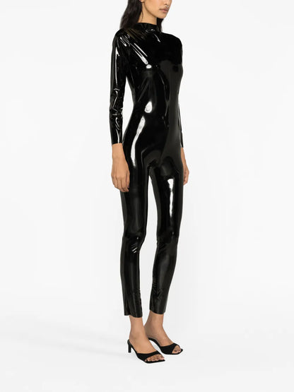 Patent-Effect Long-Sleeve Jumpsuit