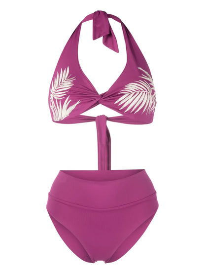 Leaf-Print High-Waisted Bikini