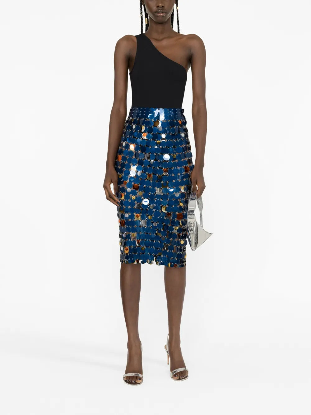 Paillette-Chainmail Pencil Midi Skirt