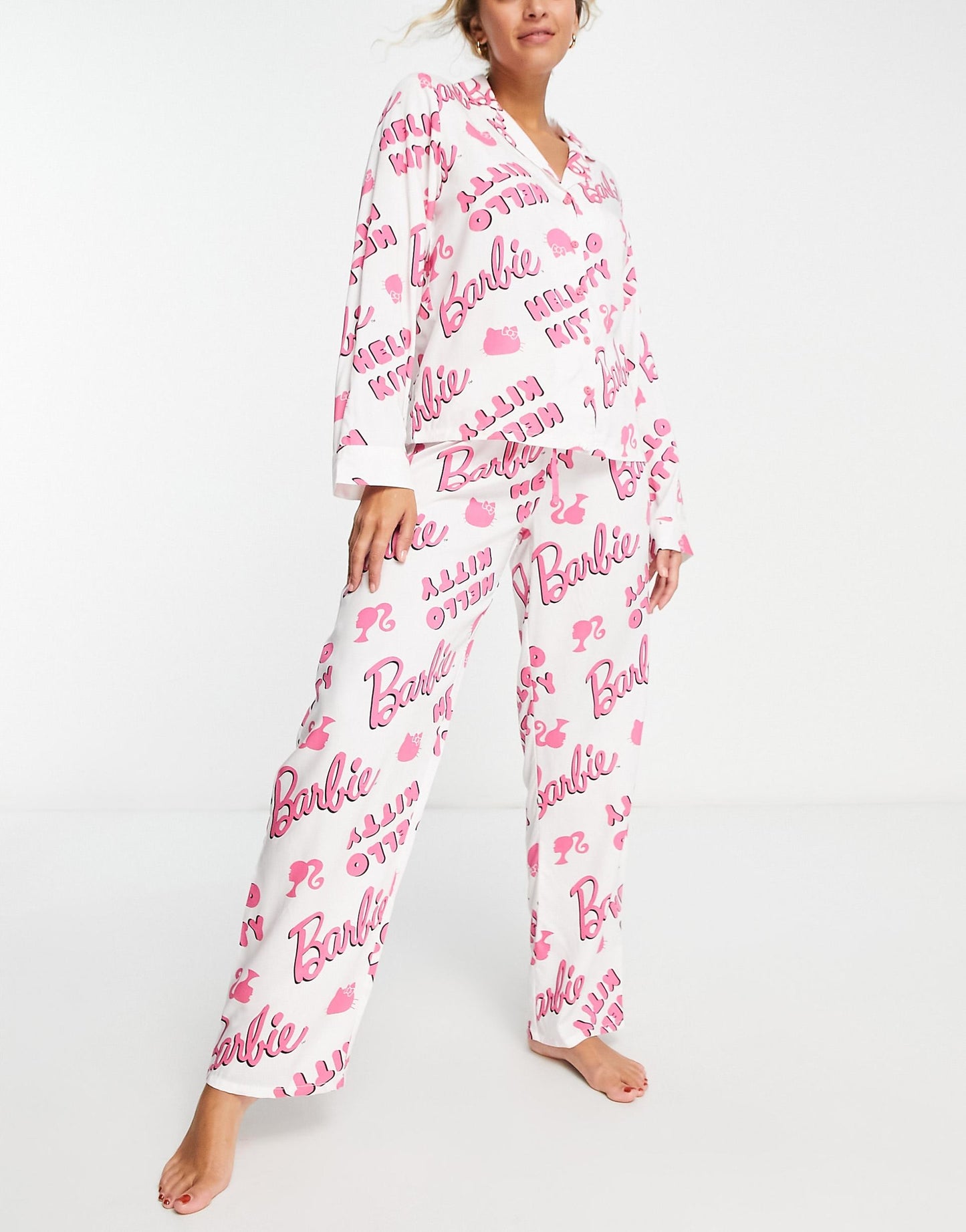 Asos Design Barbie X Hello Kitty Modal Shirt & Trouser Pyjama Set