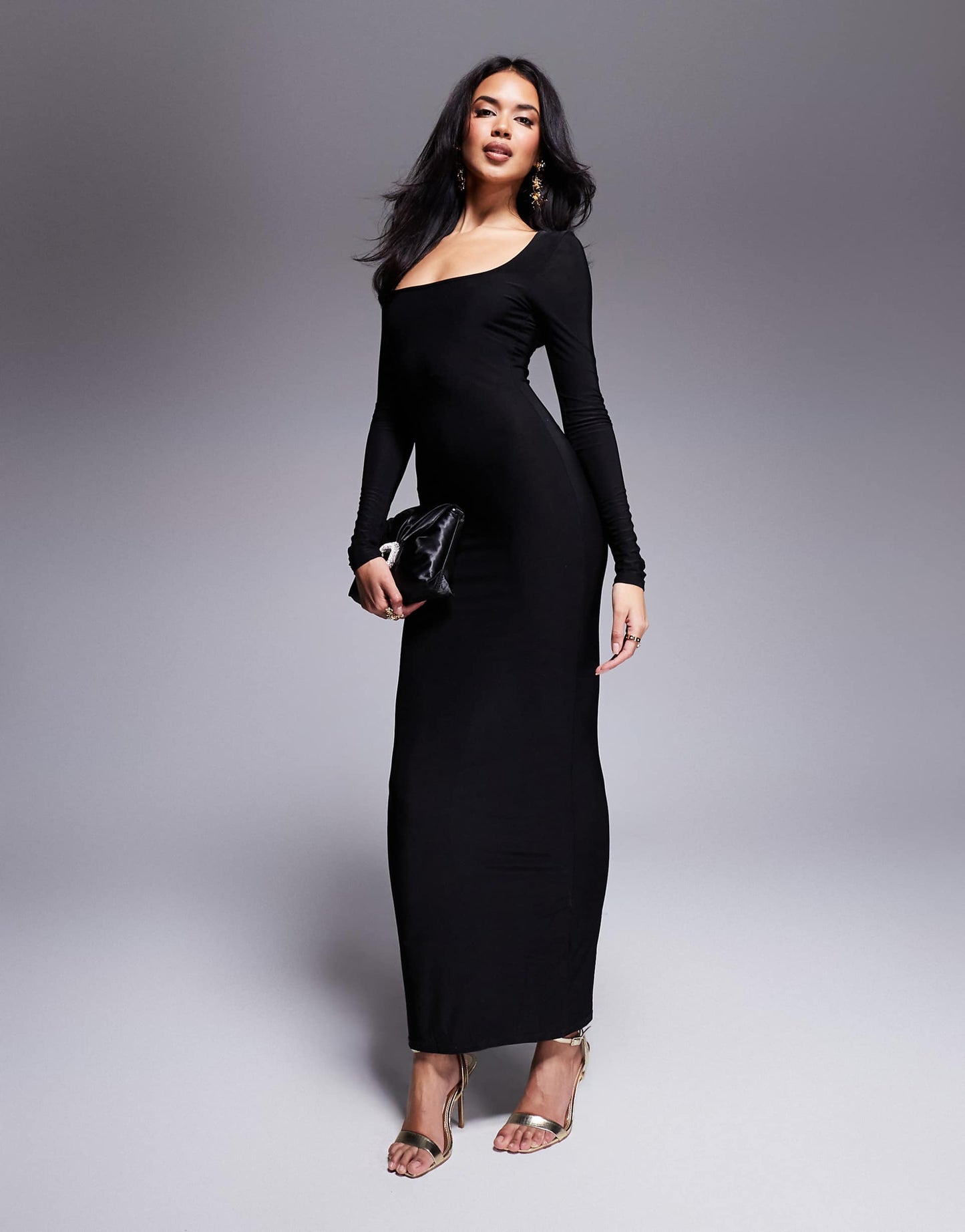 Square Neck Long Sleeve Slinky Maxi Dress