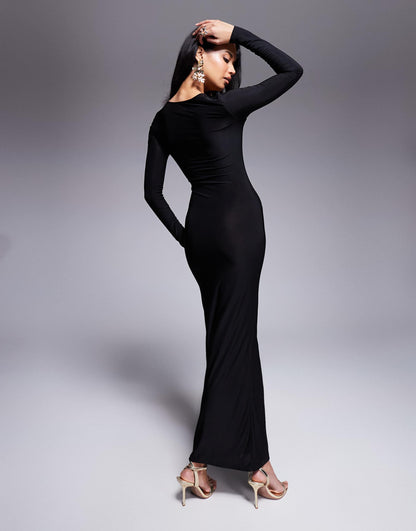 Square Neck Long Sleeve Slinky Maxi Dress