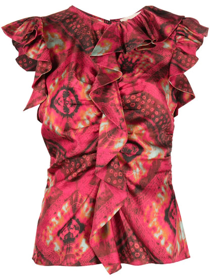 Abstract-Print Ruffled Blouse