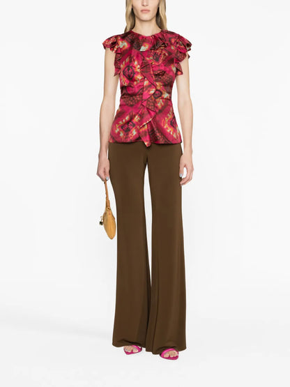 Abstract-Print Ruffled Blouse