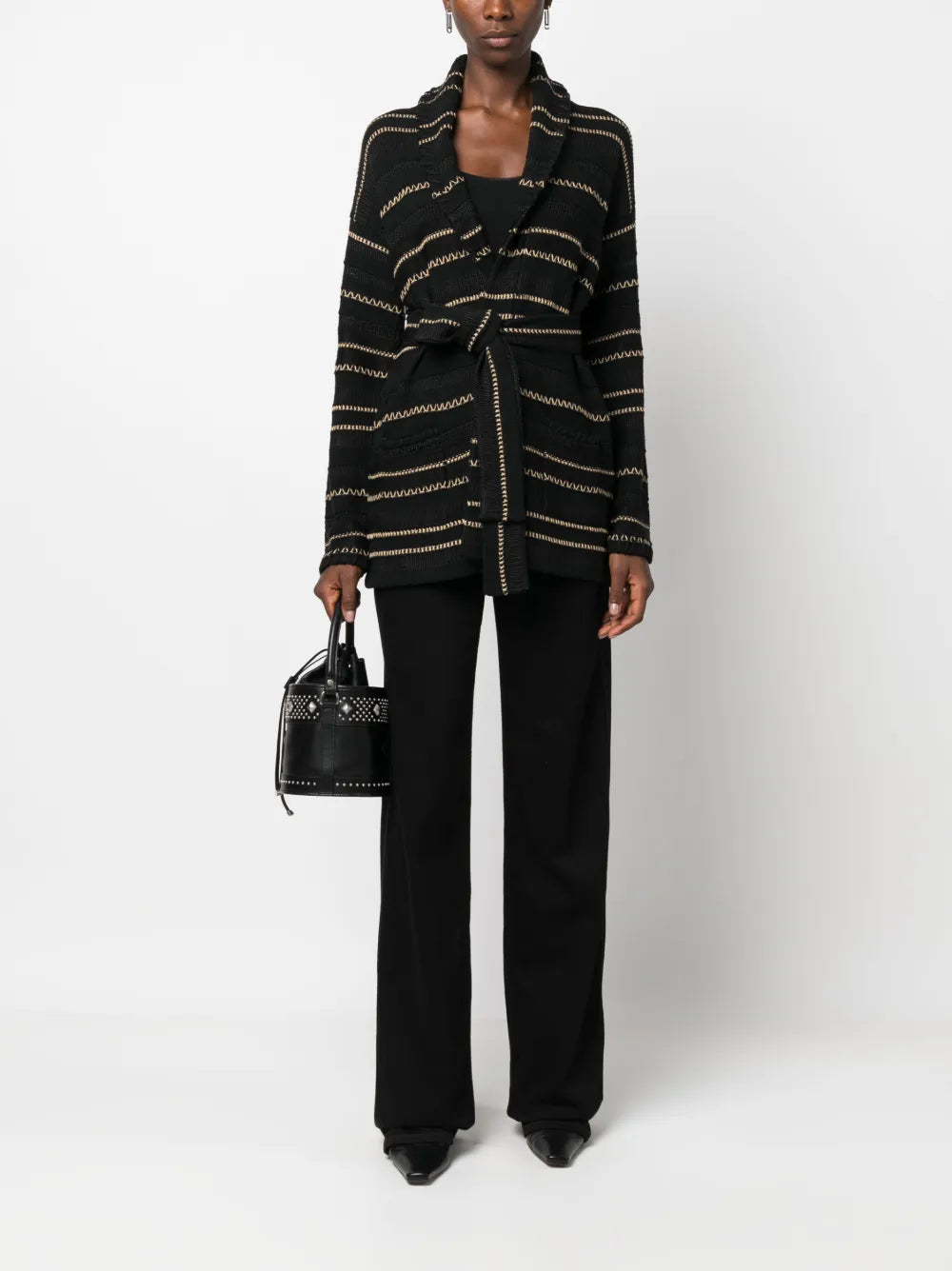Contrast-Stitching Long-Sleeve Belted Cardigan