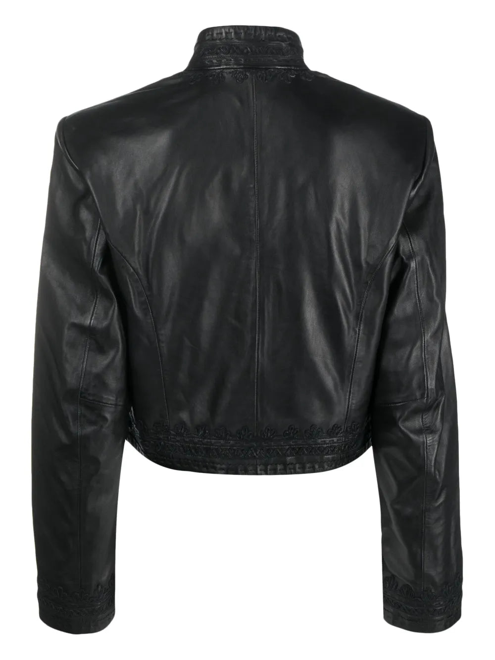 Embroidered Cropped Leather Jacket