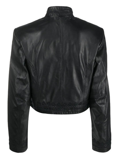 Embroidered Cropped Leather Jacket