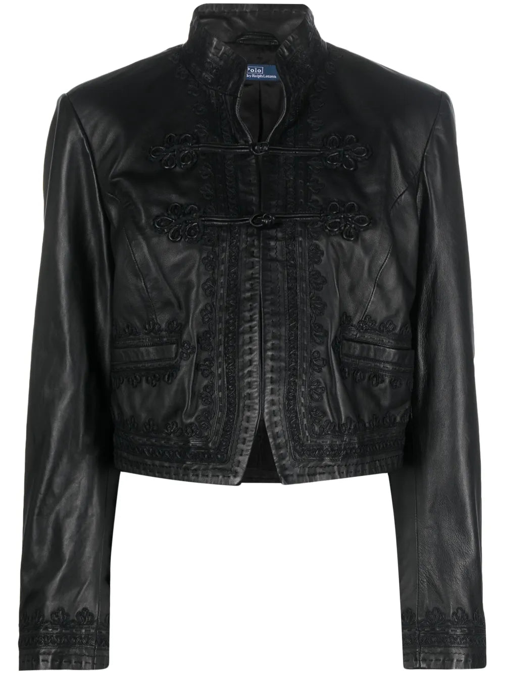 Embroidered Cropped Leather Jacket