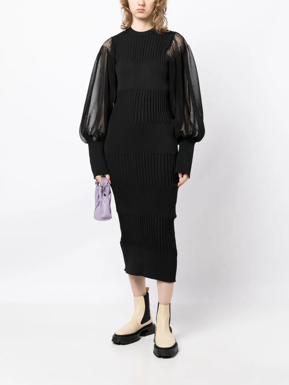 Long Sheer-Sleeves Ribbed Midi Dress