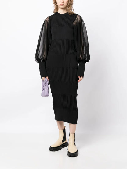 Long Sheer-Sleeves Ribbed Midi Dress