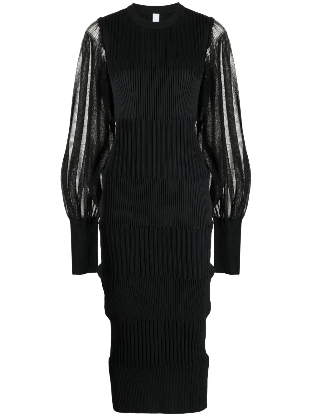 Long Sheer-Sleeves Ribbed Midi Dress