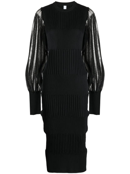 Long Sheer-Sleeves Ribbed Midi Dress