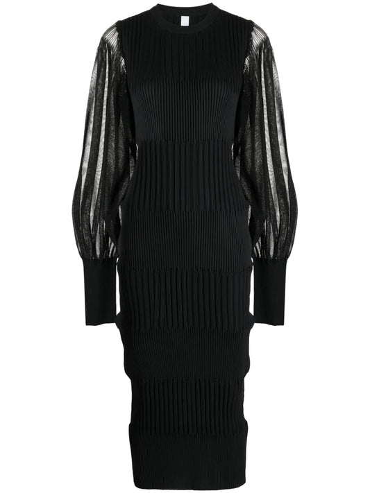 Long Sheer-Sleeves Ribbed Midi Dress