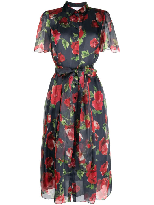 Floral-Print Belted Silk Shirt Dress