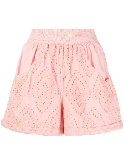Elasticated-Waistband Lace Shorts