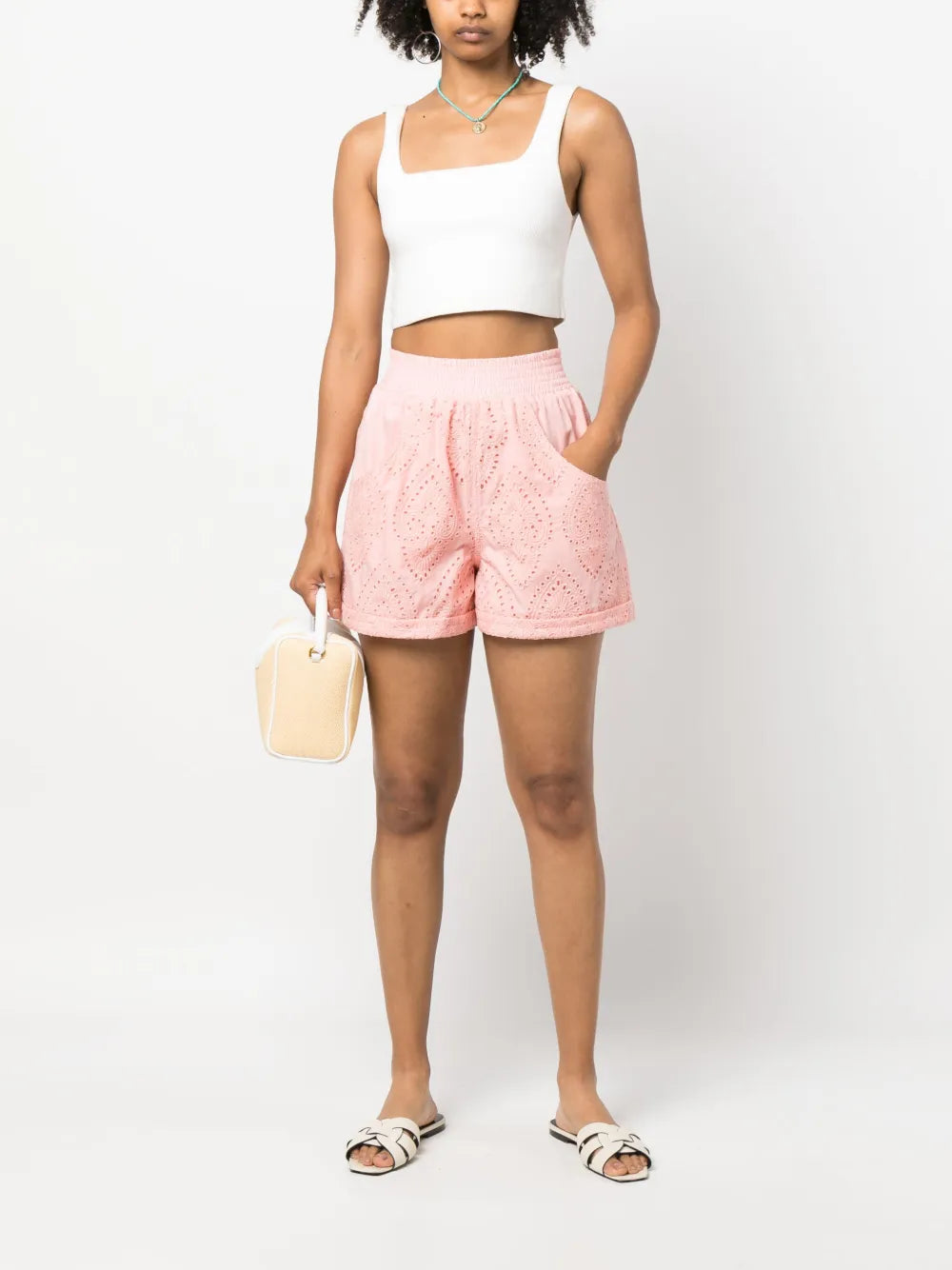 Elasticated-Waistband Lace Shorts