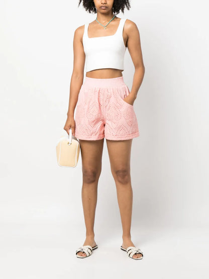 Elasticated-Waistband Lace Shorts