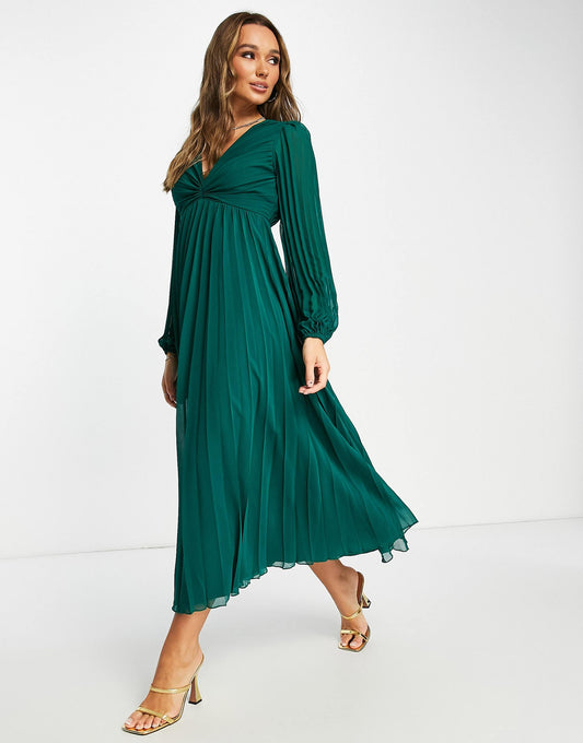 Pleated Bodice Plunge Neck Midi Dress