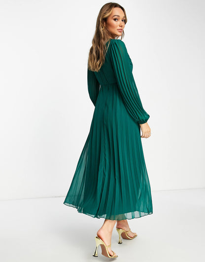 Pleated Bodice Plunge Neck Midi Dress