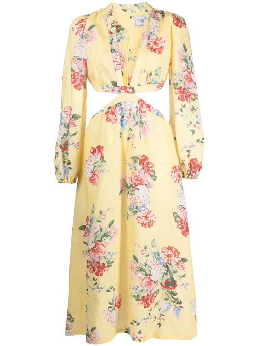 Floral-Print Cut-Out Linen Dress