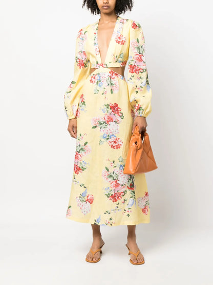 Floral-Print Cut-Out Linen Dress