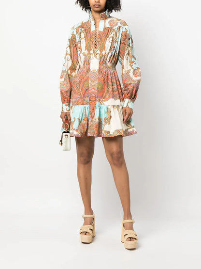 Paisley-Print Long-Sleeve Cotton Dress